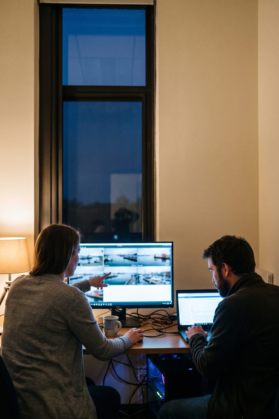 Two researchers at dusk reviewing a monitor of consecutive video frames